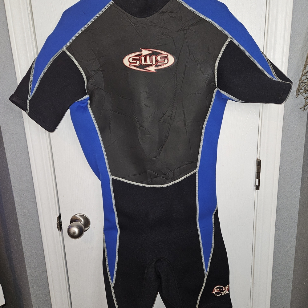 SWS Men's Black and Blue Skiwarm Short Leg Sleeve Wetsuit Size LARGE